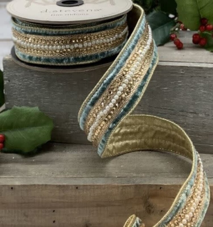 Velvet Bead Pearl Trim Metallic Gold Back, Celadon