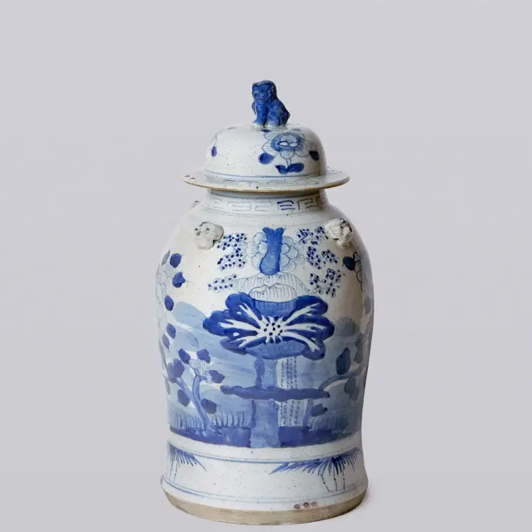 Blue and White Four Seasons Porcelain Temple Jar