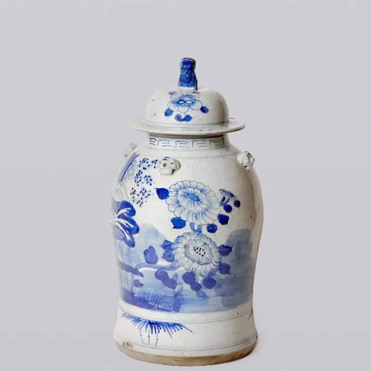 Blue and White Four Seasons Porcelain Temple Jar