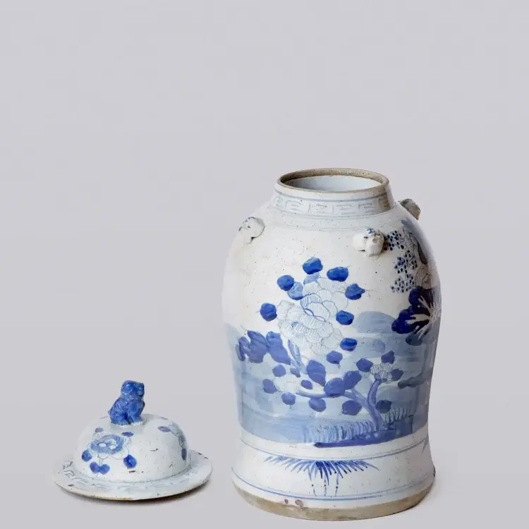 Blue and White Four Seasons Porcelain Temple Jar
