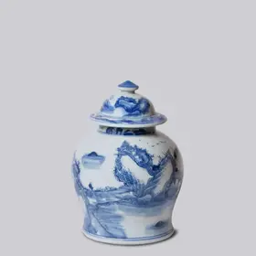 Medium Blue and White Porcelain Landscape Temple Jar