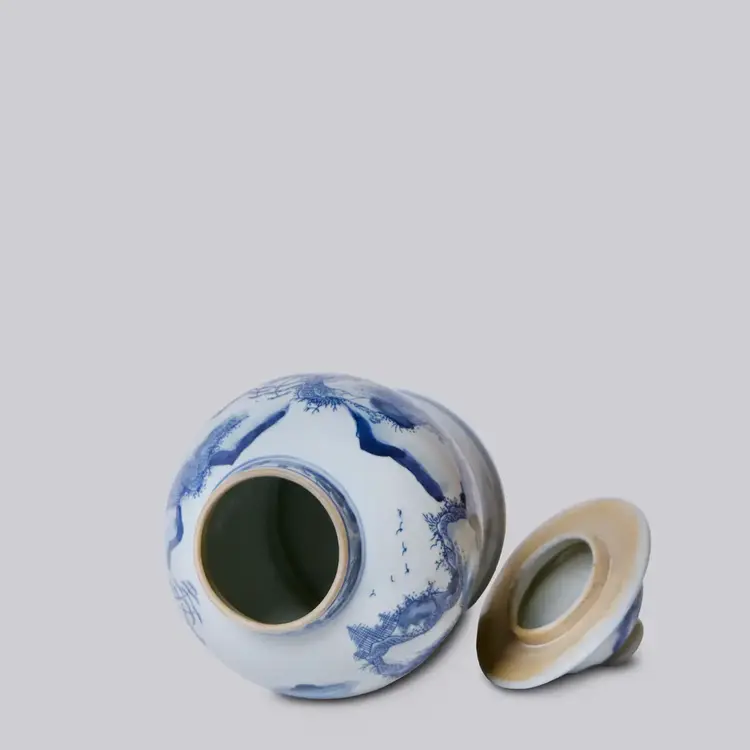 Medium Blue and White Porcelain Landscape Temple Jar