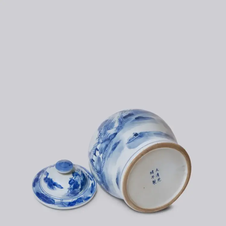 Medium Blue and White Porcelain Landscape Temple Jar