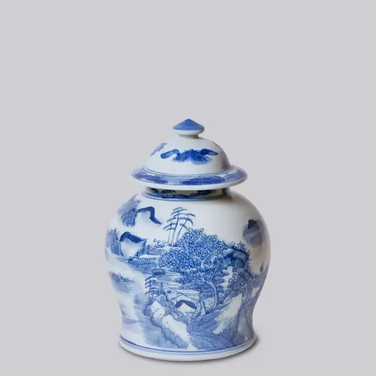 Medium Blue and White Porcelain Landscape Temple Jar