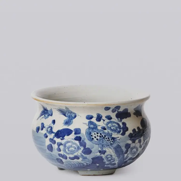 Rustic Bird & Flower Blue & White Porcelain Bulbous Cachepot