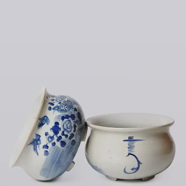 Rustic Bird & Flower Blue & White Porcelain Bulbous Cachepot