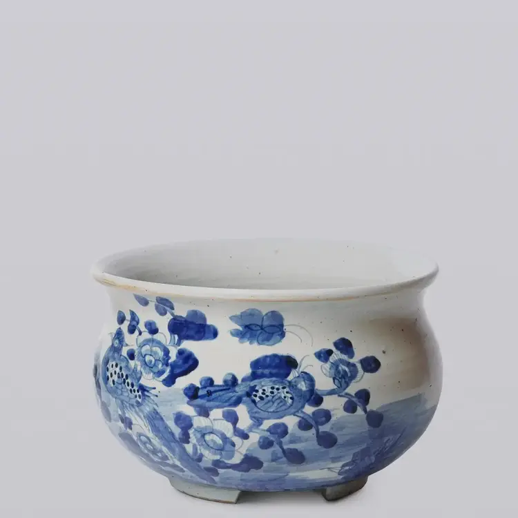 Rustic Bird & Flower Blue & White Porcelain Bulbous Cachepot