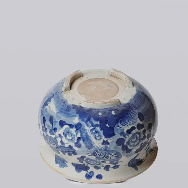 Rustic Bird & Flower Blue & White Porcelain Bulbous Cachepot