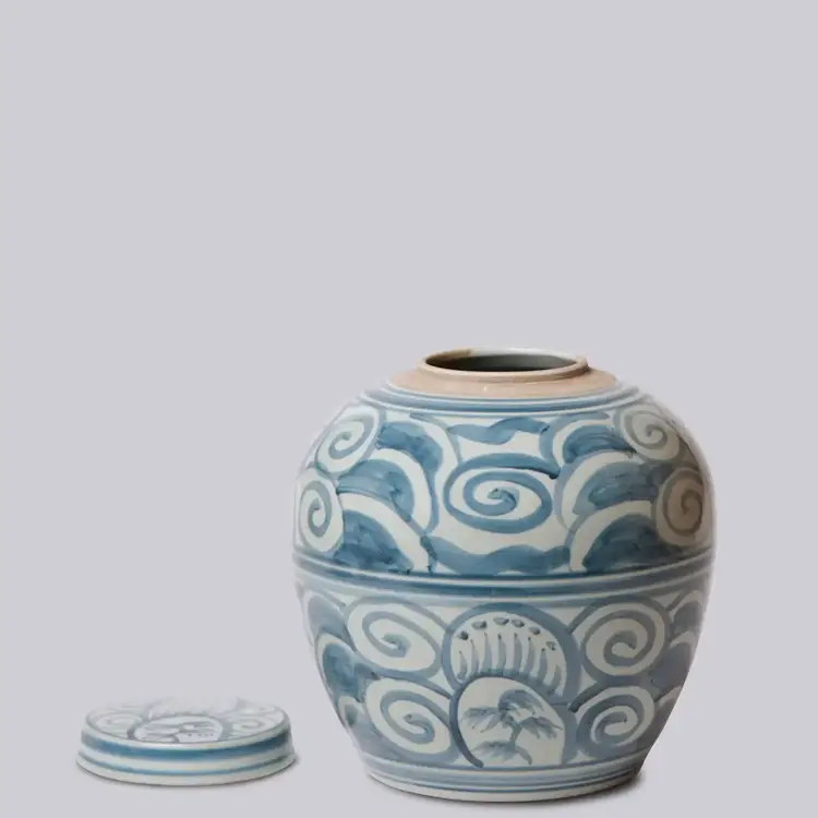Curlicue Blue and White Porcelain Storage Jar