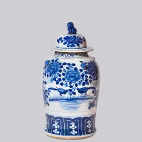 Blue and White Bird and Flower Porcelain Temple Jar