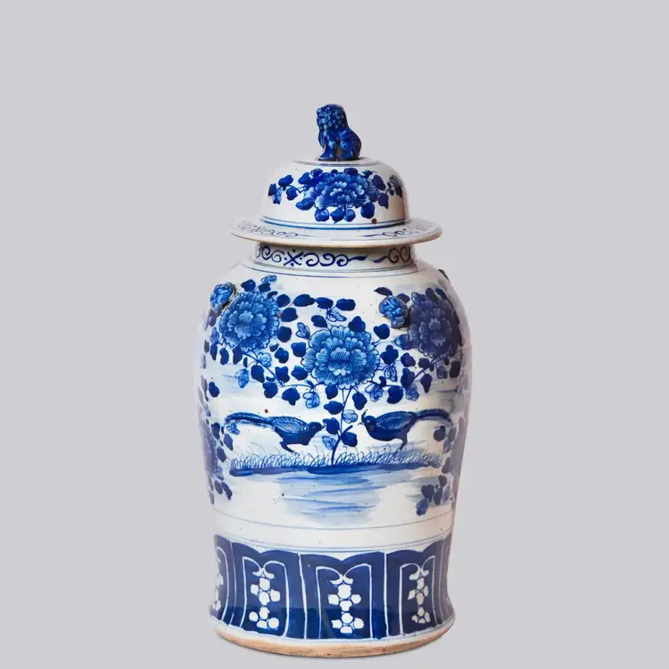 Blue and White Bird and Flower Porcelain Temple Jar