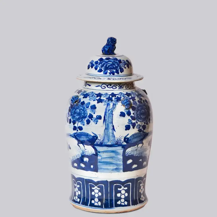 Blue and White Bird and Flower Porcelain Temple Jar