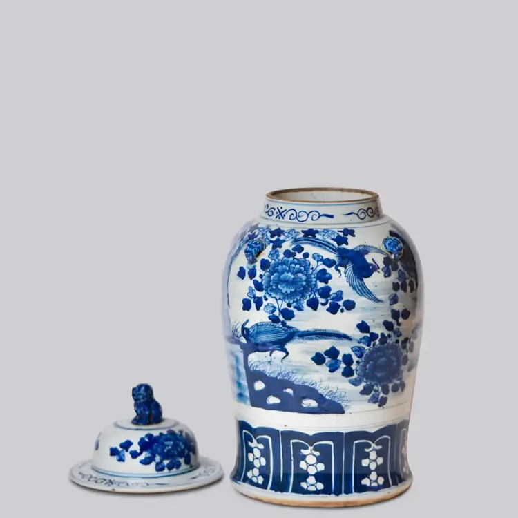 Blue and White Bird and Flower Porcelain Temple Jar