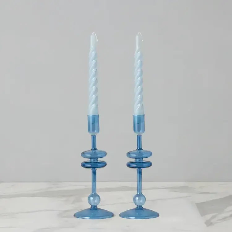Glass Candlestick Pair- Sapphire Blue