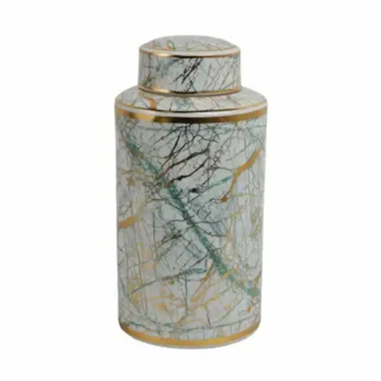 Sagebrook Home 16" Decorative Jar- Green Ceramic Modern w/ Gold Lid