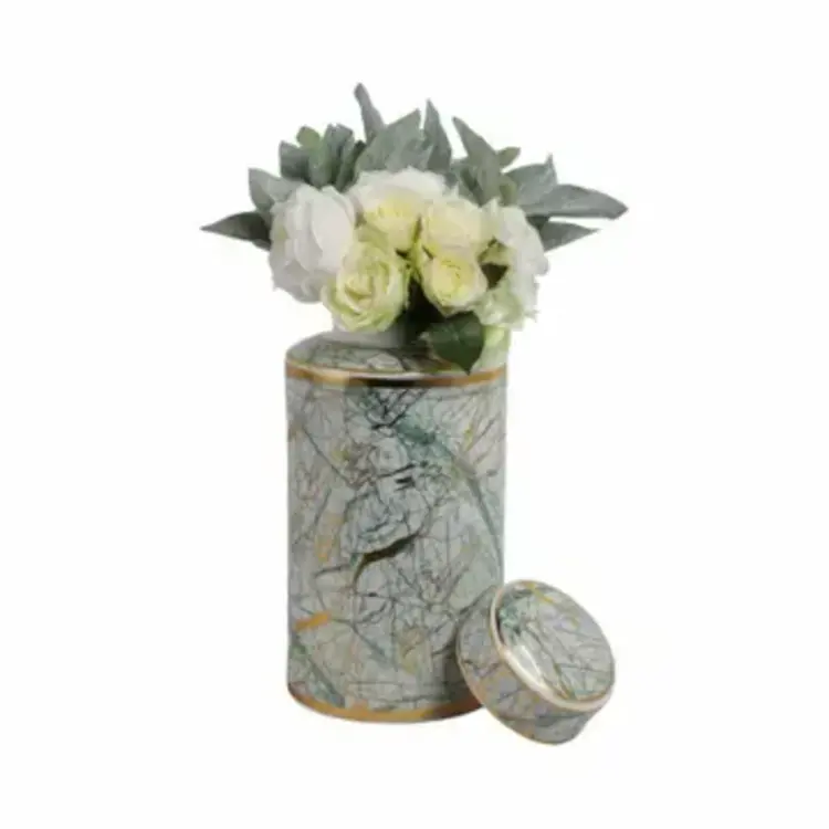 Sagebrook Home 16" Decorative Jar- Green Ceramic Modern w/ Gold Lid