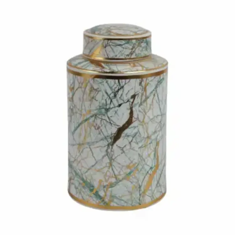 Sagebrook Home 12" Decorative Jar- Green Ceramic Modern w/Gold Lid