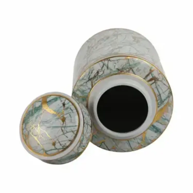 Sagebrook Home 12" Decorative Jar- Green Ceramic Modern w/Gold Lid