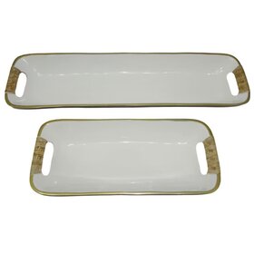 Rectangular Enamel Metal Trays w/ Rattan Wrapped Handles-