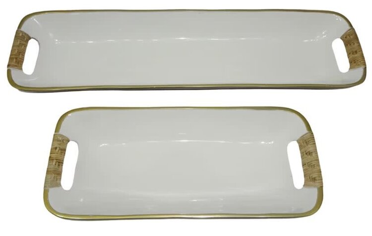 Rectangular Enamel Metal Trays w/ Rattan Wrapped Handles-