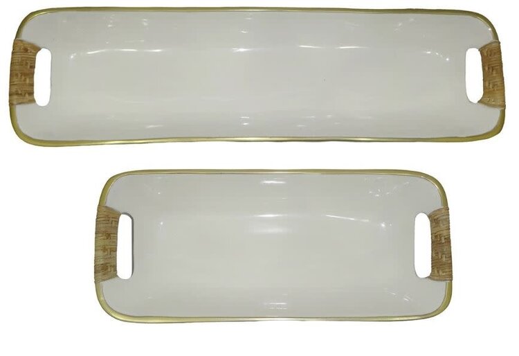 Rectangular Enamel Metal Trays w/ Rattan Wrapped Handles-