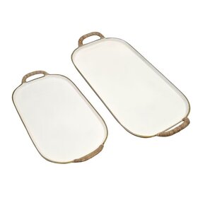 Enamel Metal Tray w/ Rattan Wrapped Handles