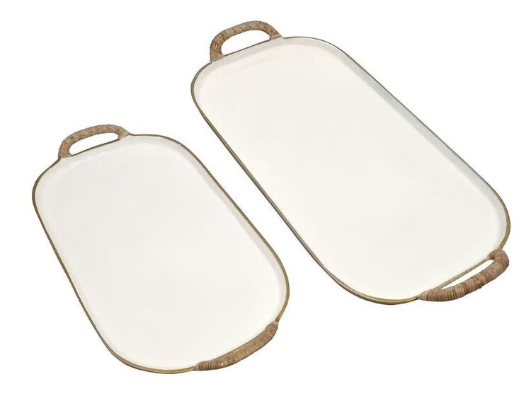 Enamel Metal Tray w/ Rattan Wrapped Handles