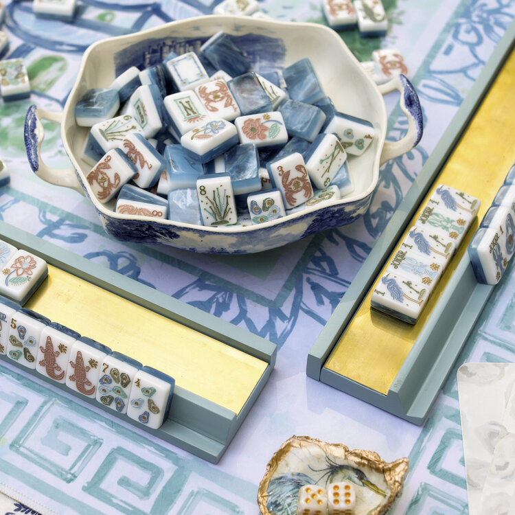 Table & Terrace Social Set of 4 Mahjong Racks with Brass Plate