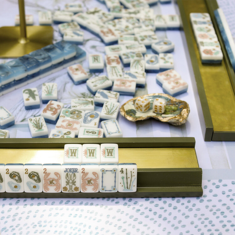 Table & Terrace Social Set of 4 Mahjong Racks with Brass Plate