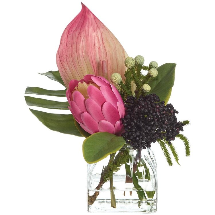 Protea/Anthurium/Philo Lf/Sedum in Glass Vase, Pink