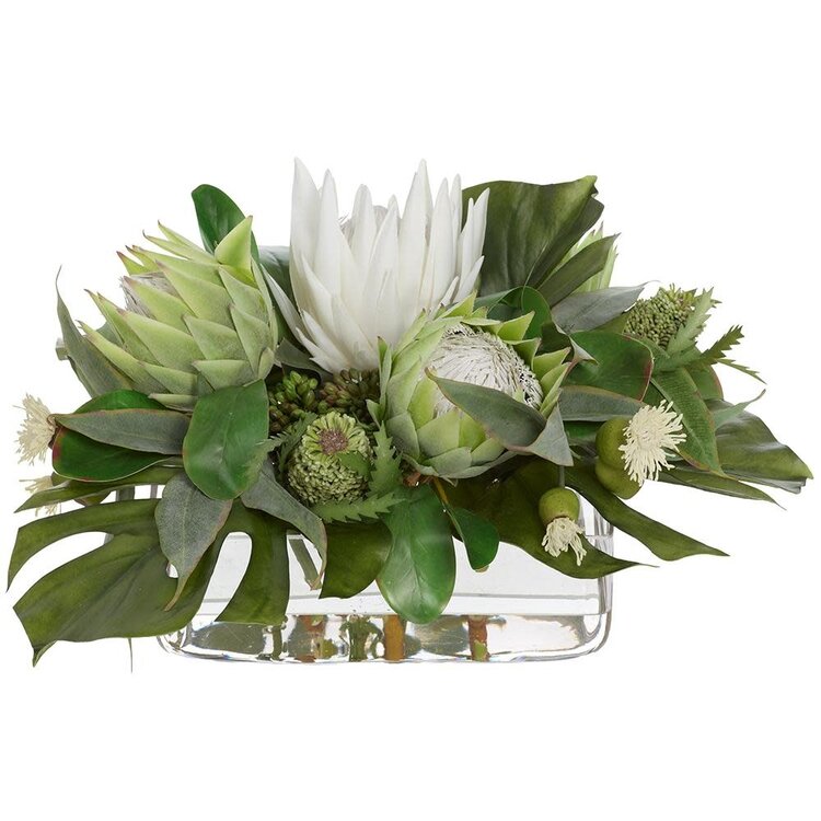 Protea/Philo/Eucalyptus in Glass Vase, Green Cream