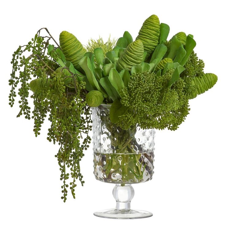 13.5" Succulent Arrangement in Pattern Glass Vase, Green