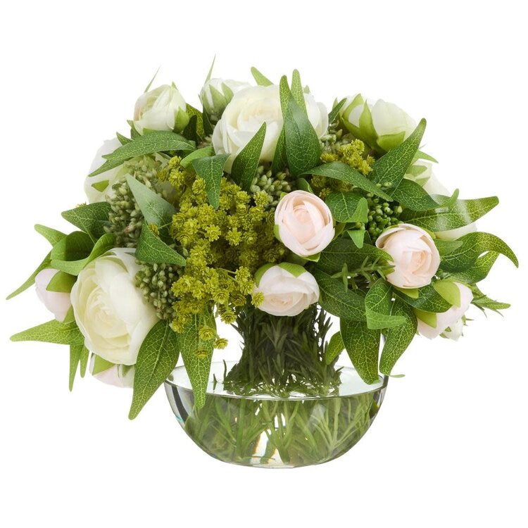 Ranunculus/Viburnum/Ruscus in Glass Vase, Cream Peach