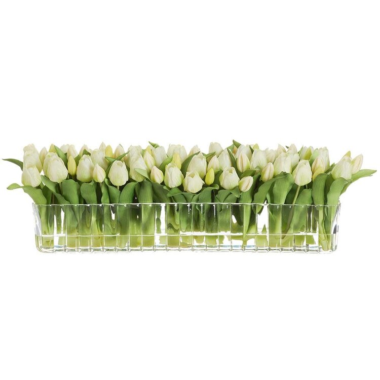 Tulip Arrangement in Ribbed Glass Vase ,Cream Green