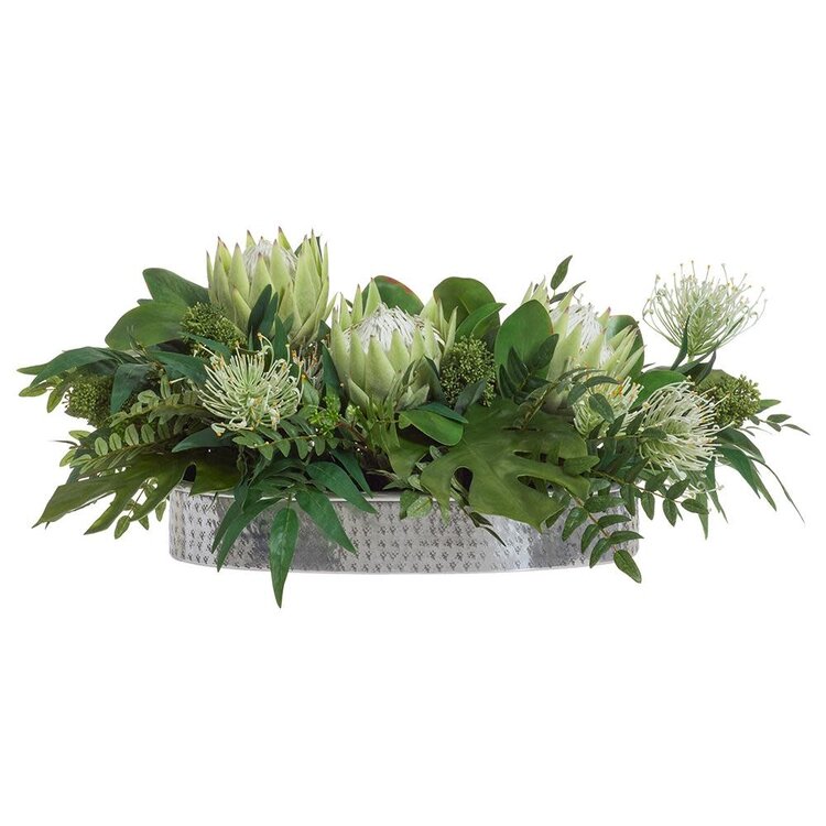 Protea/Philo Leaf Arrangement in Metal Planter, Cream Green