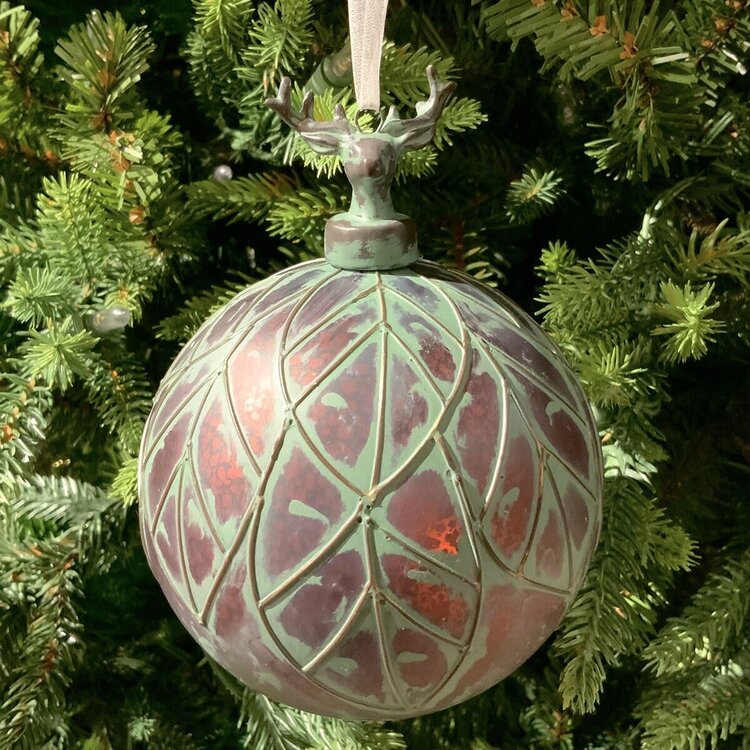 Hand Blown Leaf Bubble Ornament with Deer Head