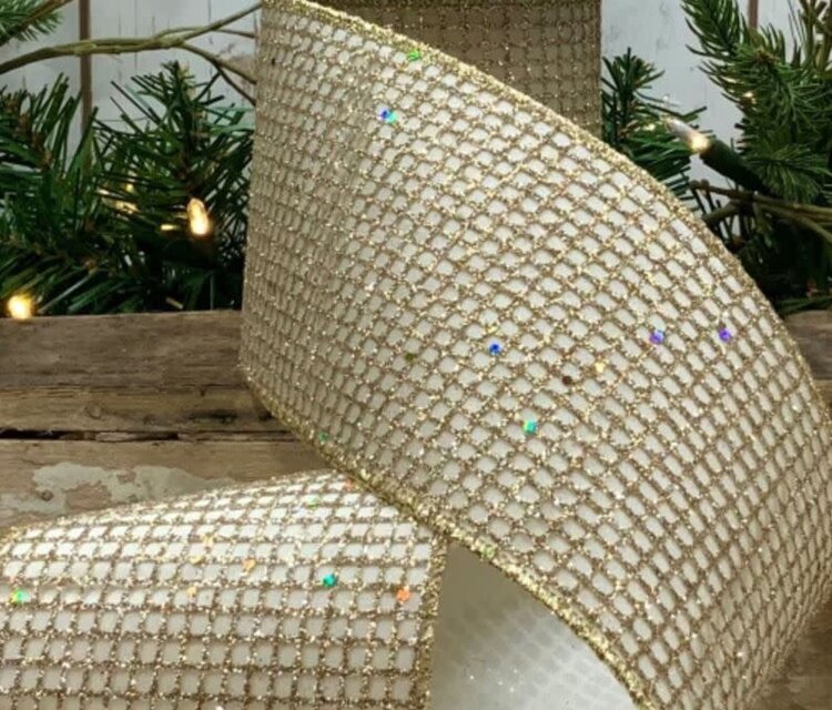 Taffeta Glitter Mesh Ribbon, Platinum/Ivory