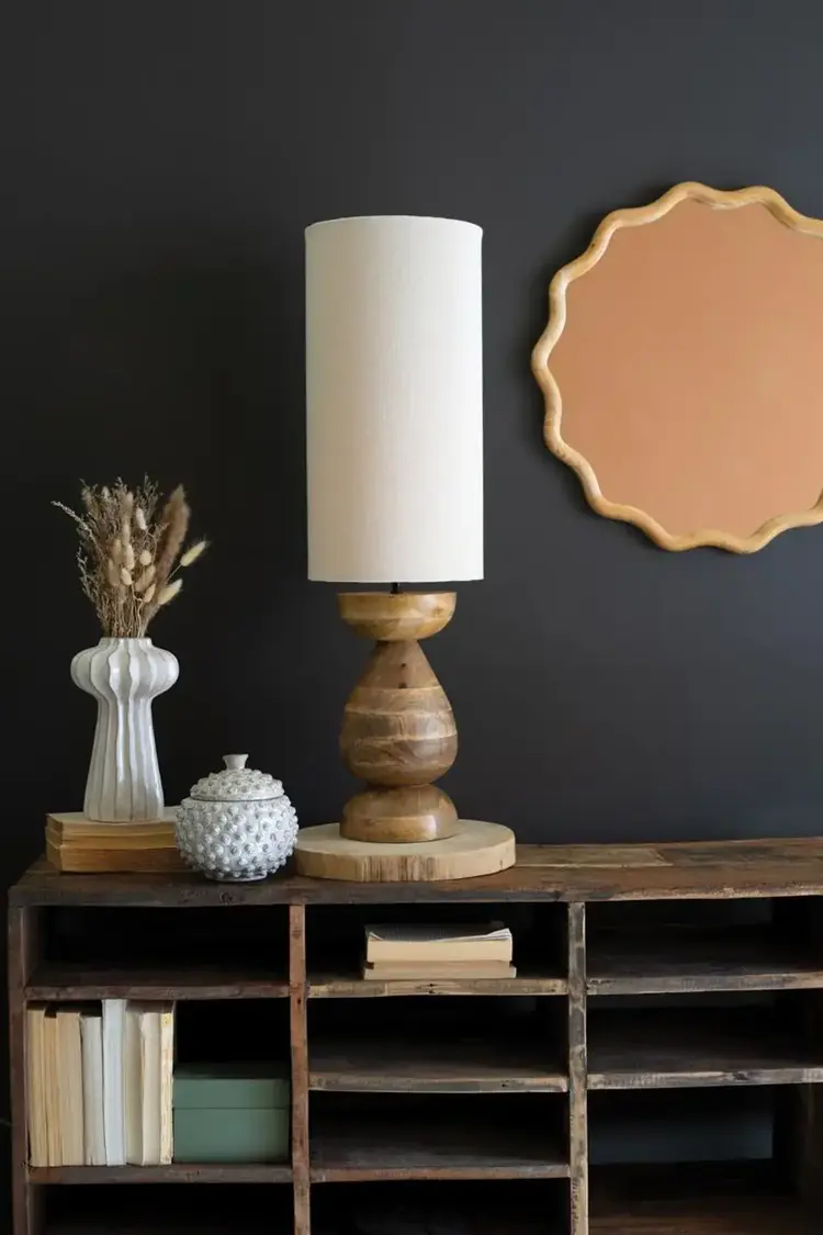 Mango Wood Table Lamp w/ Fabric Cylinder Shade