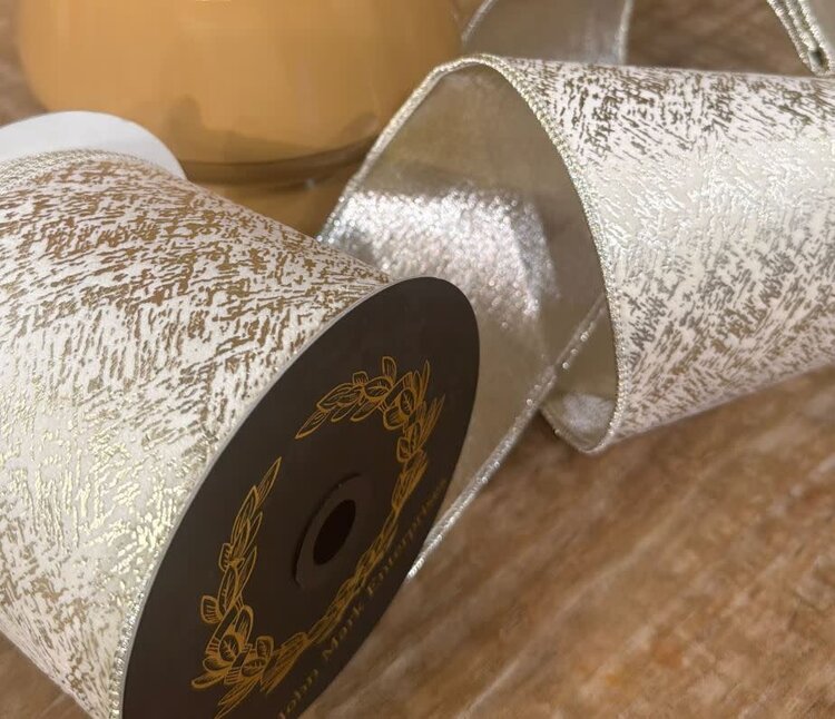 Ivory Printed Velvet Metallic Dupion DBL Fused Ribbon