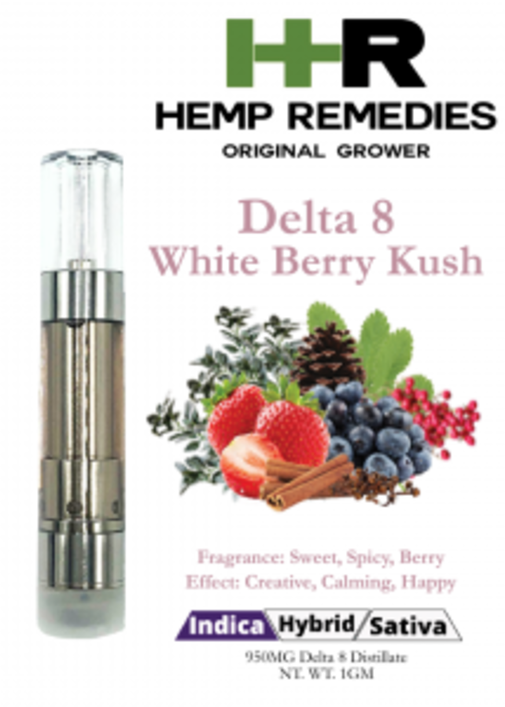 Hemp Remedies Hemp Remedies Delta 8 1g Cart White Berry Kush   Indica