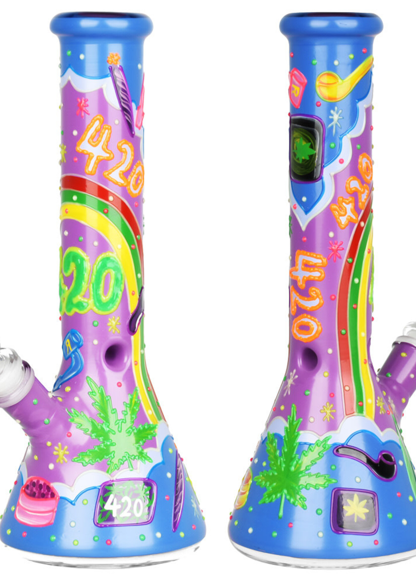 Beach Vibes 420 Painted Glass Beaker Water Pipe 10"