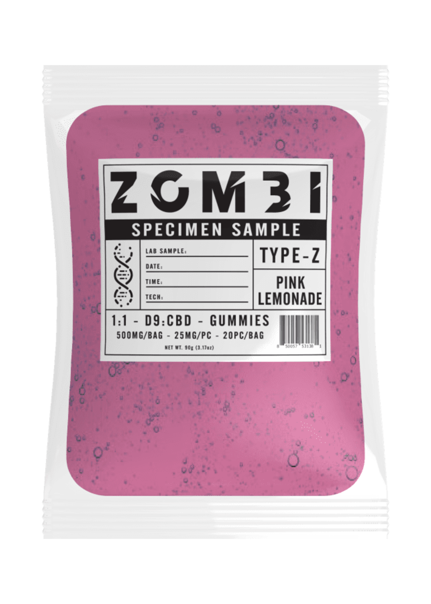 Zombi Zombi Pink Lemonade: 1:1 D9:CBD Gummies 500mg 25mg Per Piece