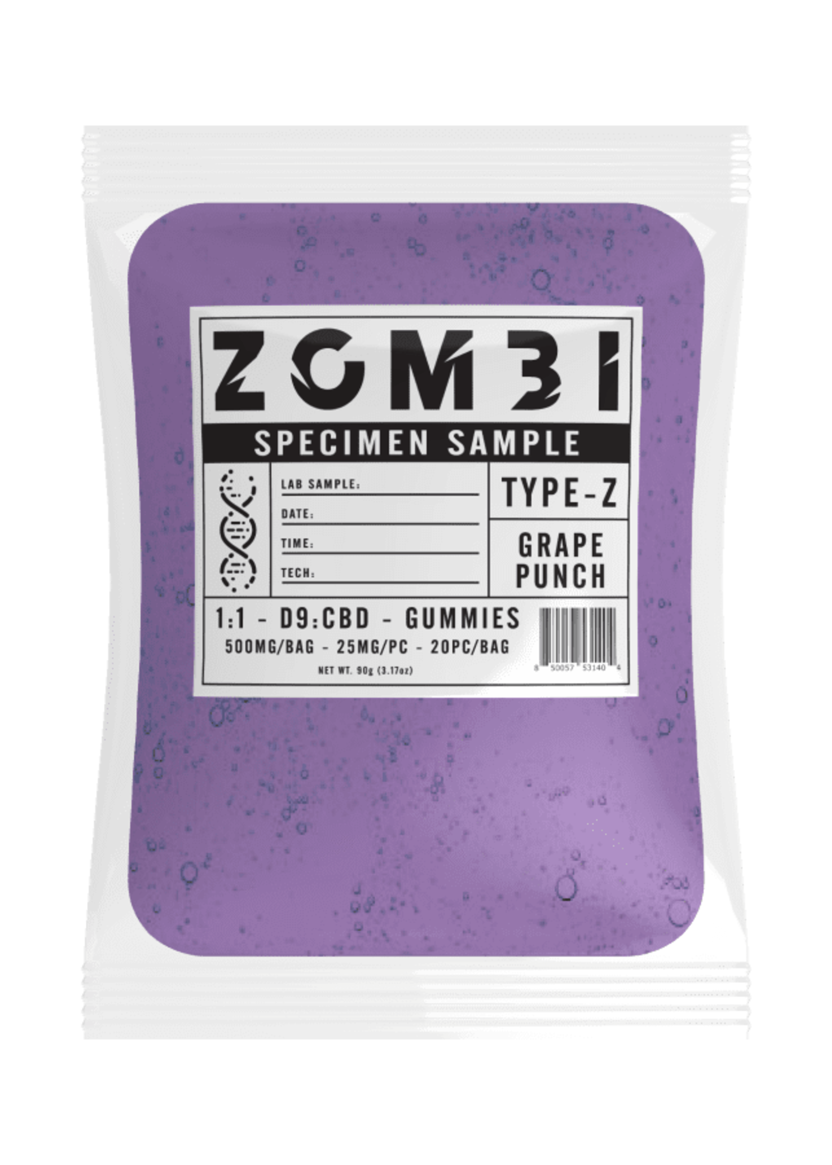 Zombi Zombi Grape Punch: 1:1 D9:CBD Gummies 500mg 25mg Per Piece