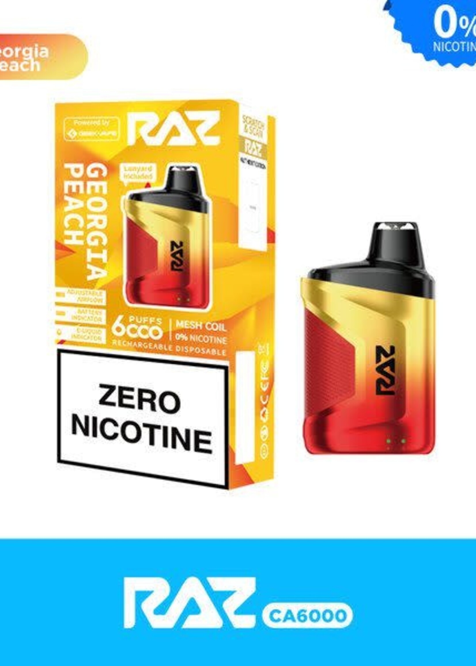 Raz Raz 6000 Puff Rechargeable Disposable Vape Georgia Peach Zero Nicotine