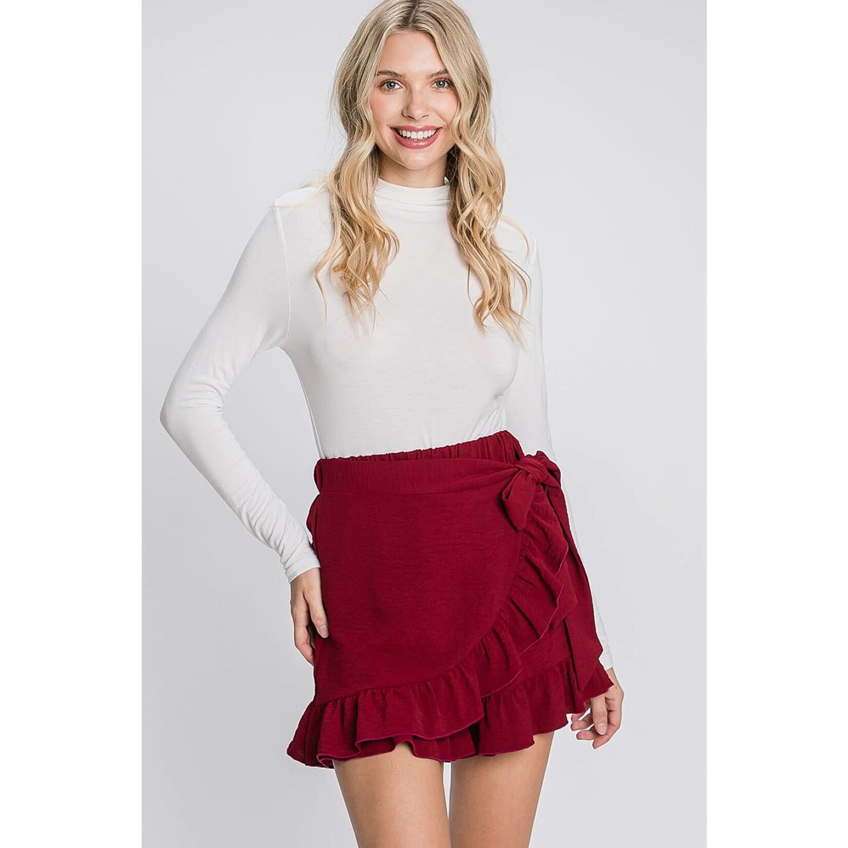 GeeGee Self-Tie Solid Woven Ruffled Hem Skort
