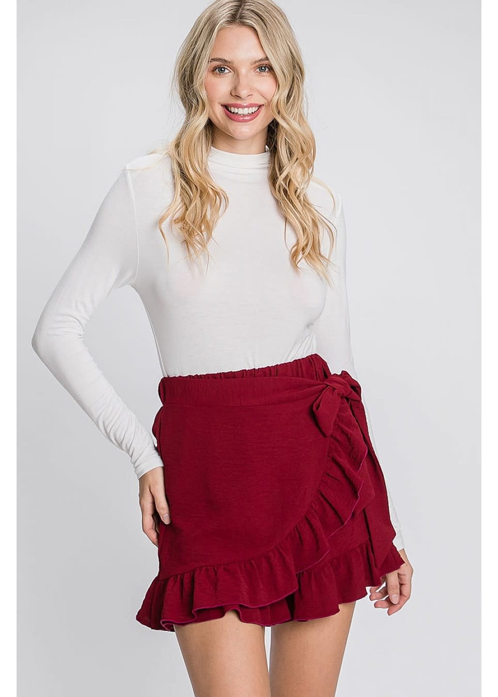 GeeGee Self-Tie Solid Woven Ruffled Hem Skort