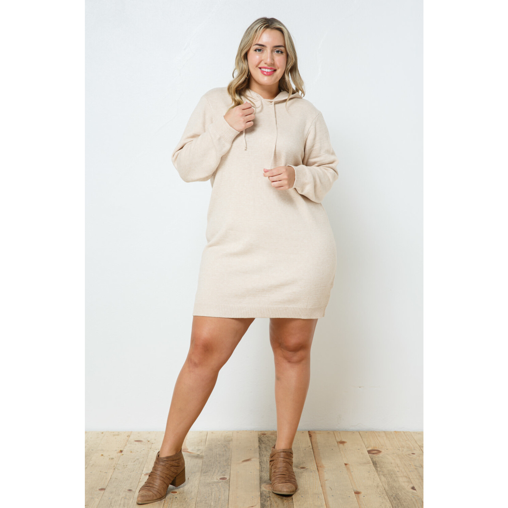Cozy Co. Soft Knit Hooded Sweater Dress- Latte