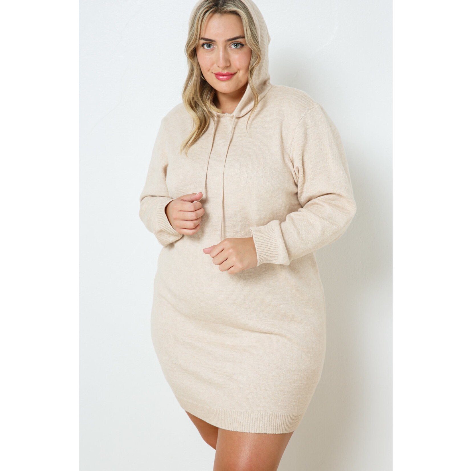 Cozy Co. Soft Knit Hooded Sweater Dress- Latte