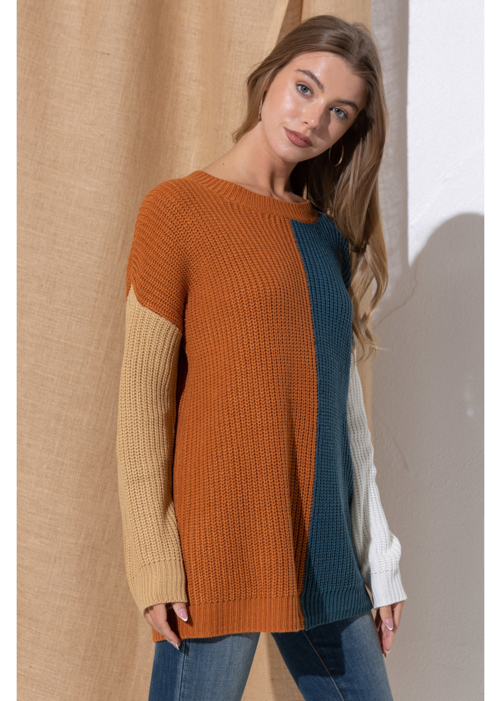 Cozy Co. 4 Tone Color Block Pullover Sweater- Camel