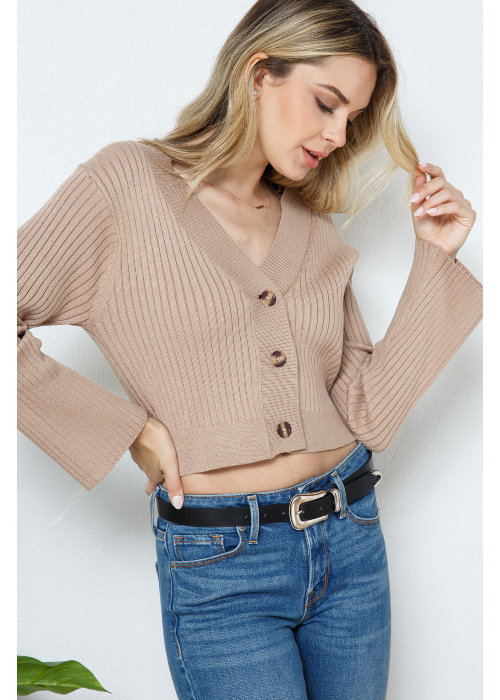 Cozy Co. Cropped Button Down Bell Sleeve Sweater- Coco